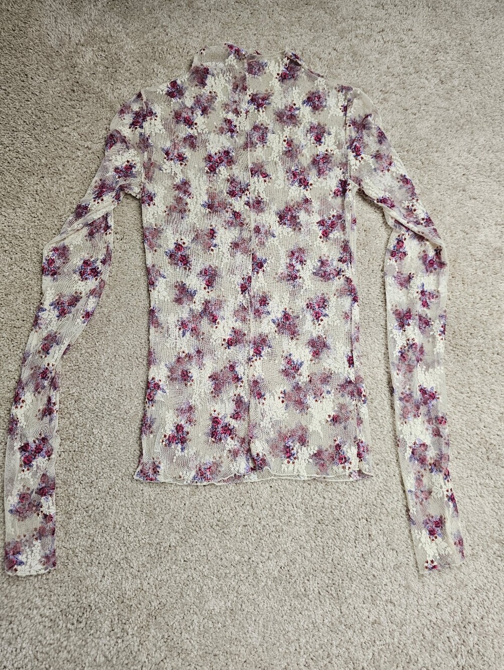 Free People Lady Lux Layering Top Floral Mesh Long Sleeve Mock Neck Ivory Small - Picture 8 of 10